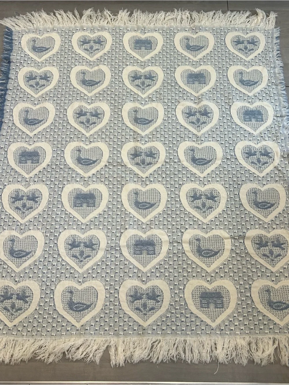 Vtg Woven Tapestry Throw Blanket Hearts Ducks Cottagecore Farmhouse Fringe 44x50